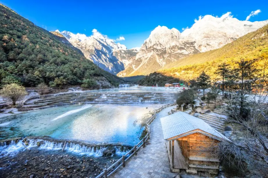 Blue Moon Valley at the foot of Jade Dragon Snow Mountain near Lijiang in Yunnan — turquoise ponds and white terraces