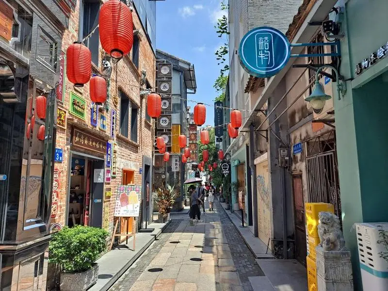 Red lanterns over a renewed old lane in Yongqing Fang, Guangzhou