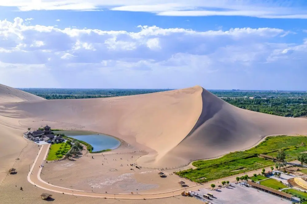 Crescent Lake, a spring-fed crescent of water held in the giant Mingsha Shan dunes at Dunhuang, Gansu