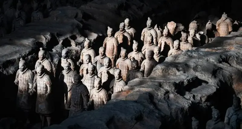 Rows of Terracotta Warriors standing in the excavation pit in Xi'an