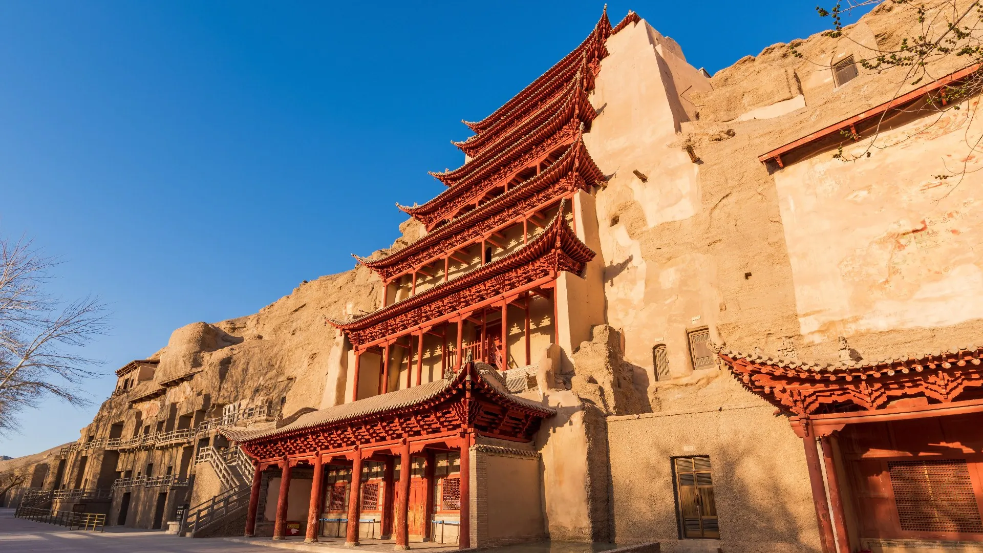 The nine-storey building covering the giant Buddha at the Mogao Caves in Dunhuang
