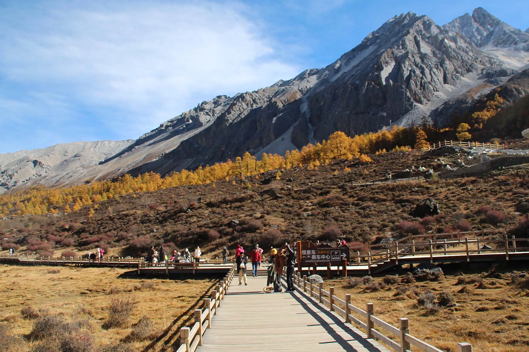 Snow-dusted peaks and golden larches above Yading in western Sichuan